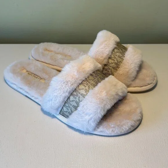 Michael Kors Alexis Faux Fur and Metallic Signature Logo Slide Sandal - Picture 4 of 12